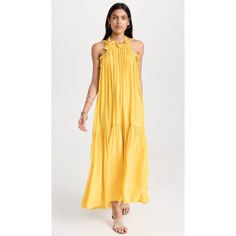 Ulla Johnson Silk Flounce Hem Halter Celeste Yellow Midi backless Sundress sz 6